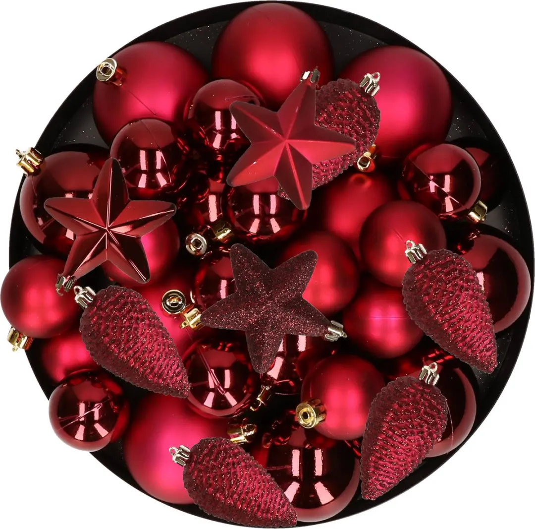Kerstversiering kunststof kerstballen/hangers donkerrood 6-8-10 cm pakket van 62
