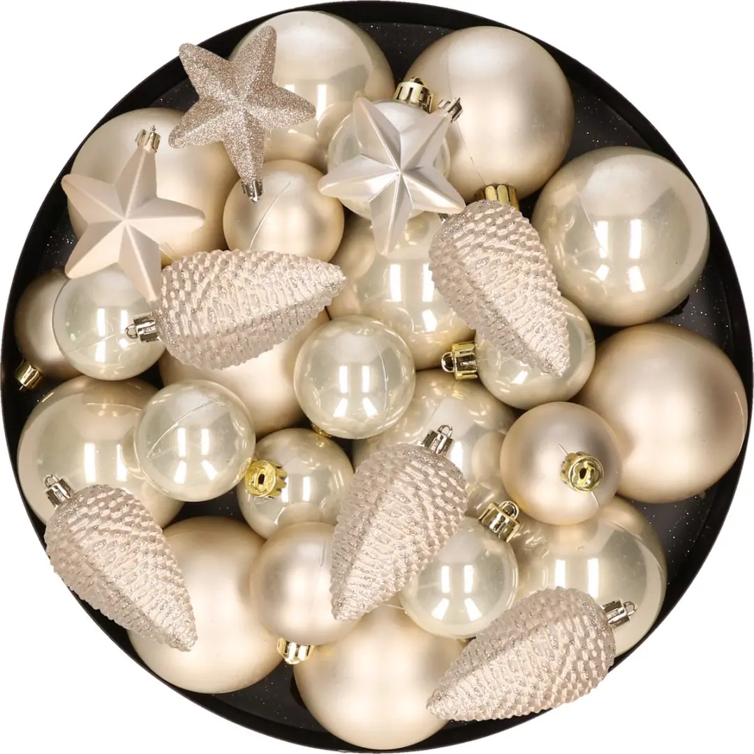 Kerstversiering kunststof kerstballen/hangers parel/champagne 6-8-10 cm pakket v