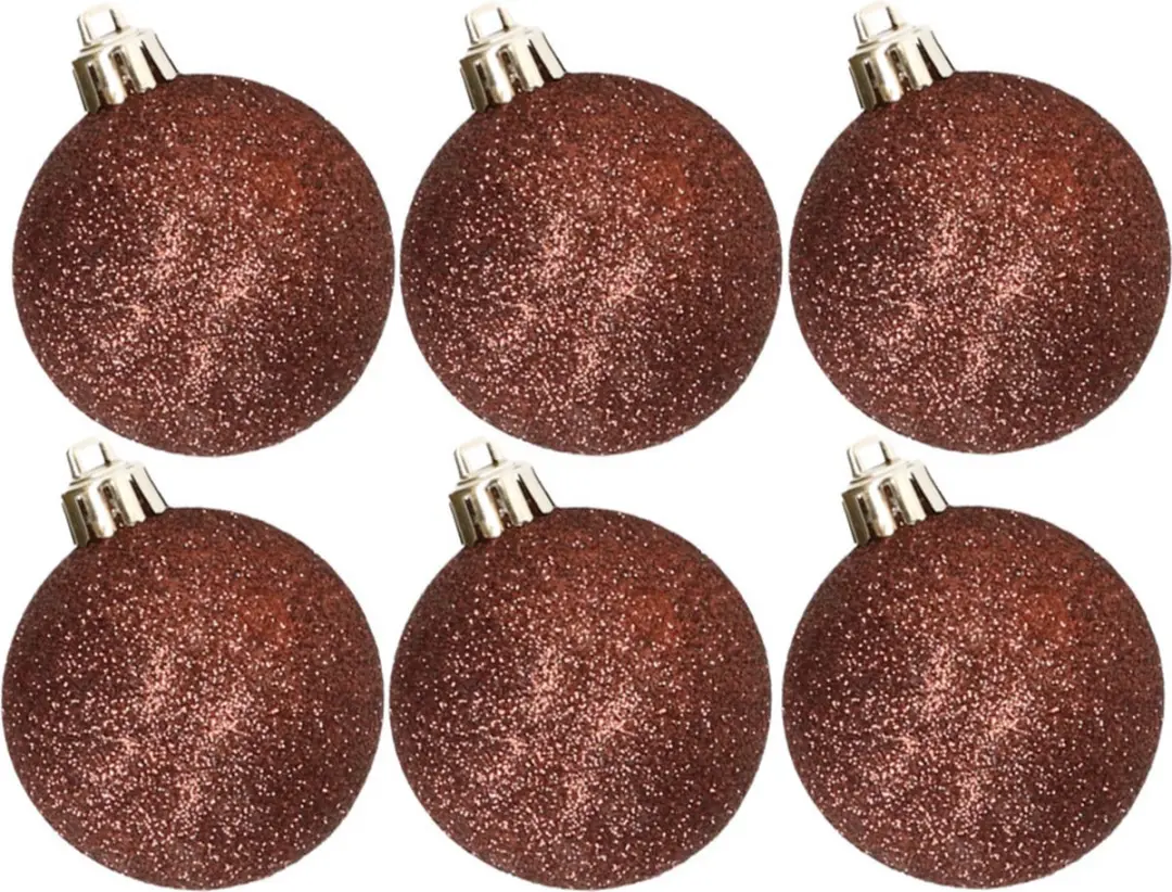 6x stuks kunststof glitter kerstballen donkerbruin 8 cm