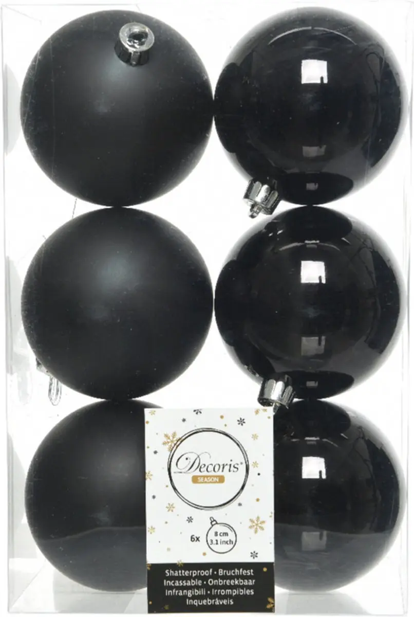 6x Zwarte kunststof kerstballen 8 cm