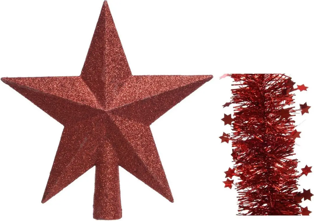 Kerstversiering kunststof glitter ster piek 19 cm en sterren folieslingers pakke