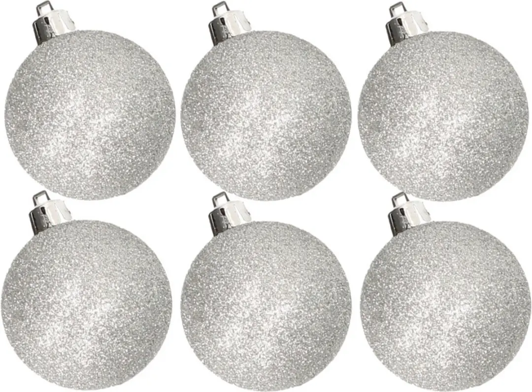 6x stuks kunststof glitter kerstballen zilver 8 cm - Onbreekbare plastic kerstballen