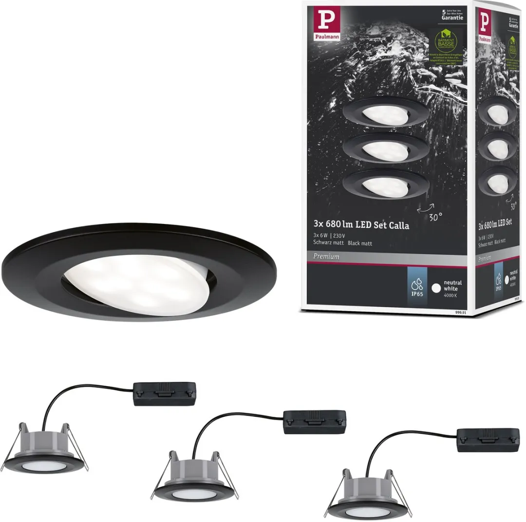 Paulmann LED-inbouwlamp Calla Basisset 3x6W 530lm 90mm - Zwart mat