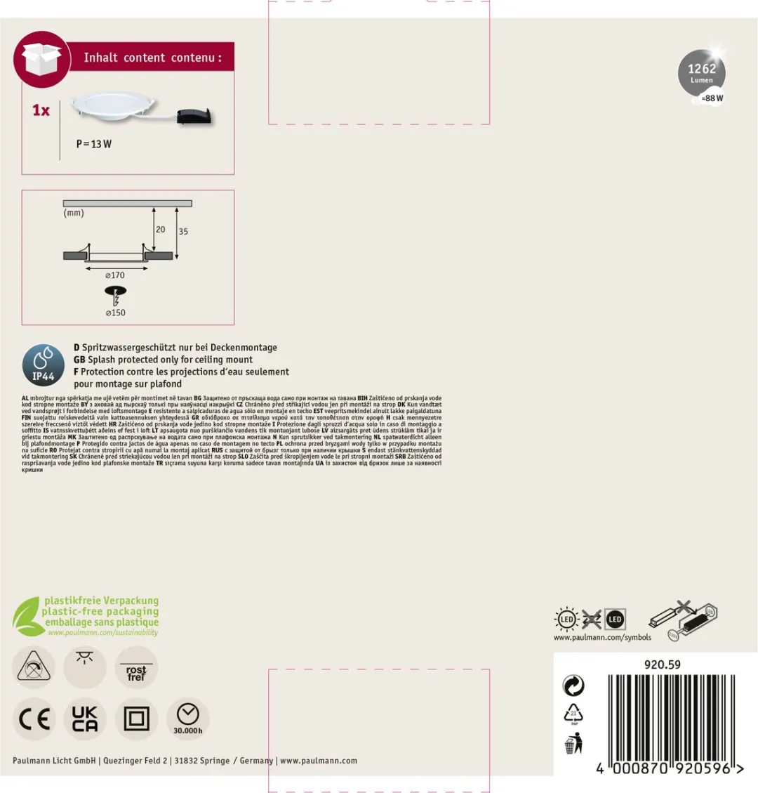 Paulmann LED Inbouwpaneel IP44 12W 850lm 4000K - Wit