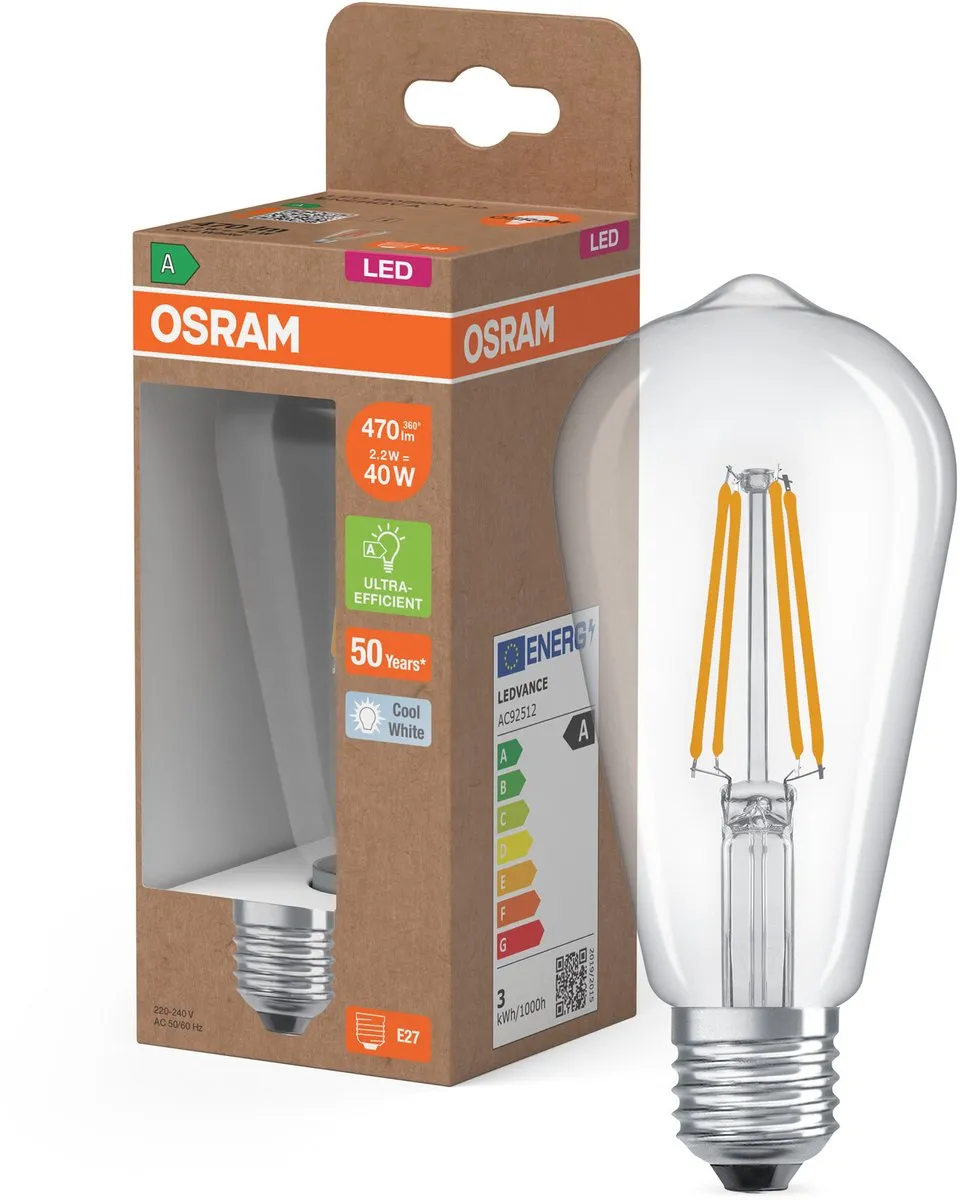Osram LED E27 Edison Filament 2.2W 470lm Koel Wit