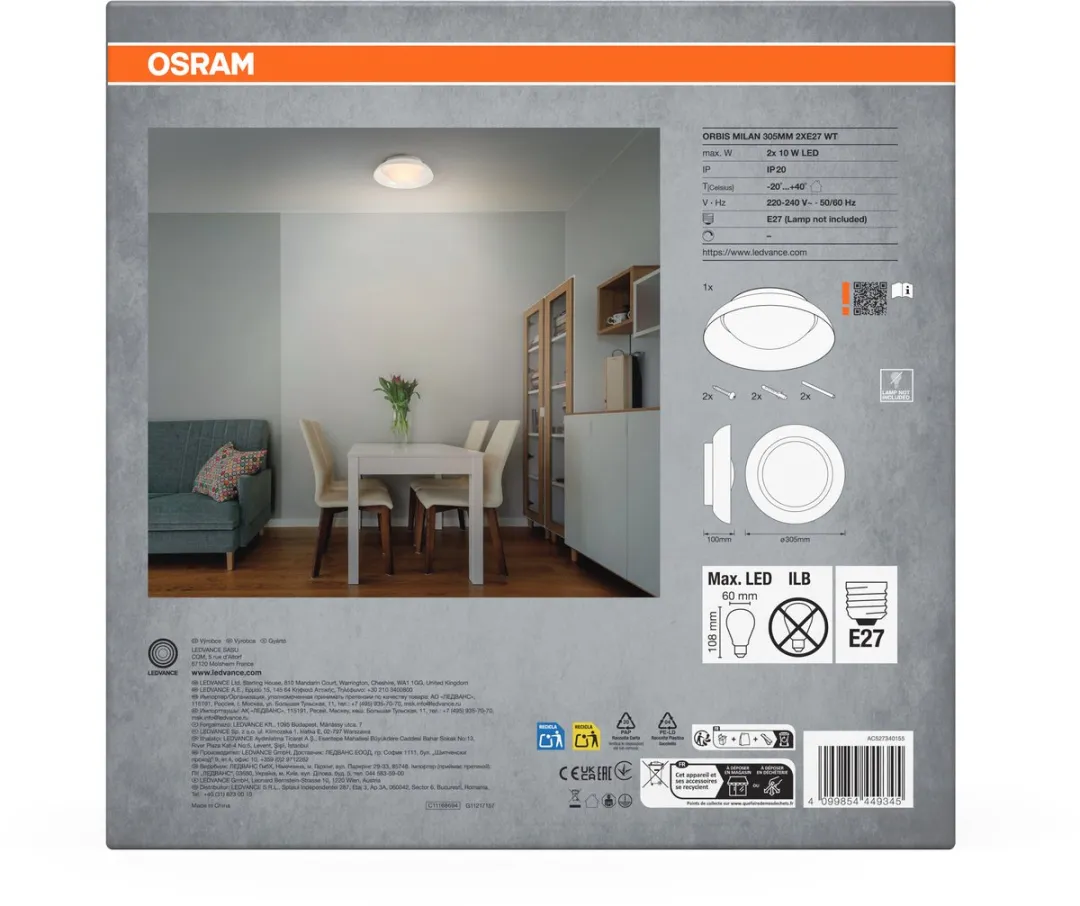 Osram Orbis Madrid Plafondlamp 305mm - 2xE27 Wit