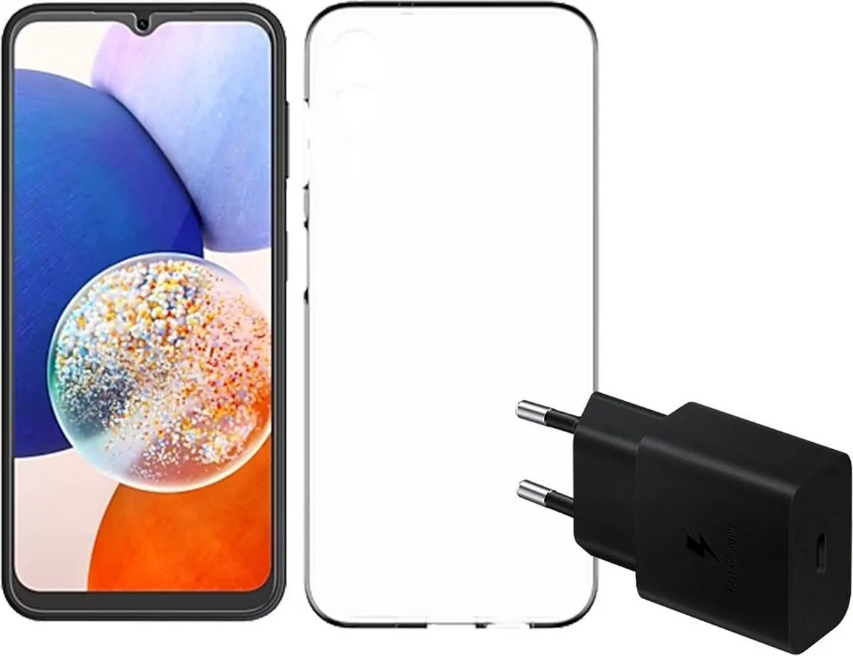 Samsung A14 Hoesje + Schermbeveiliging + Oplader