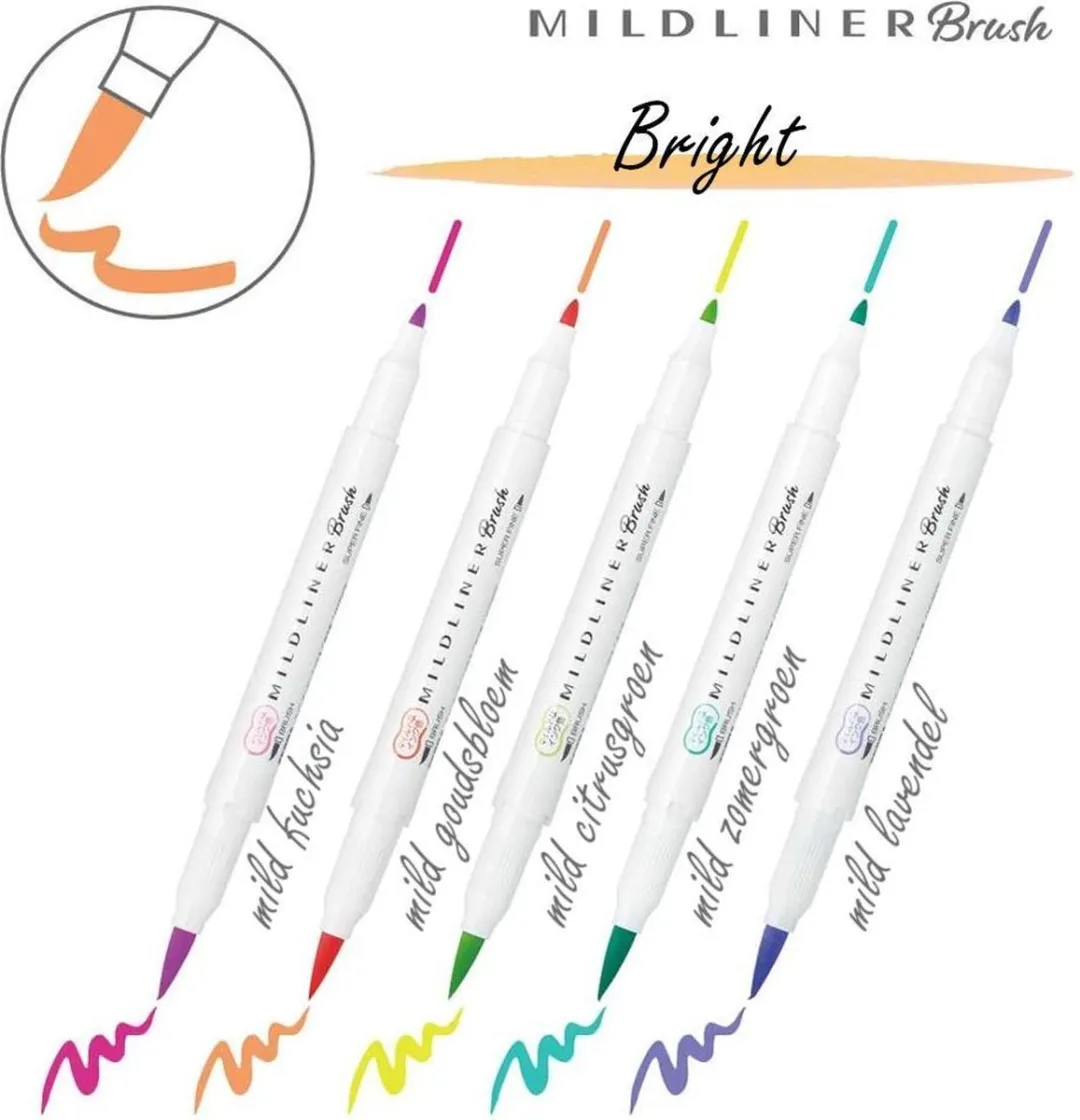 Zebra Mildliner Brush Pennen - 5 Stuks - Bright Kleuren
