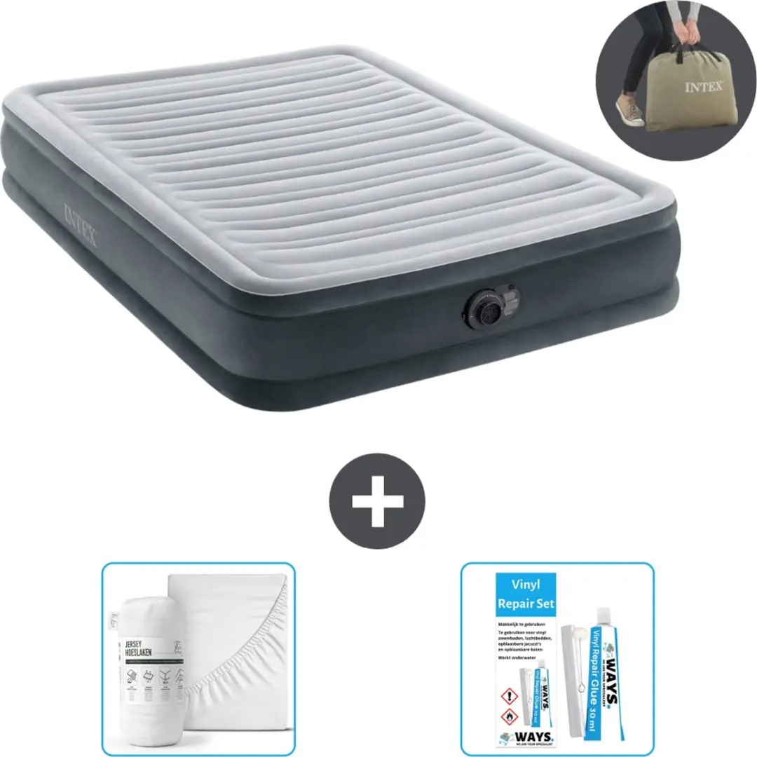 Intex Luchtbed - Twijfelaar - 137 x 191 x 33 cm - Grijs - Inclusief pomp - Hoeslaken en Reparatieset