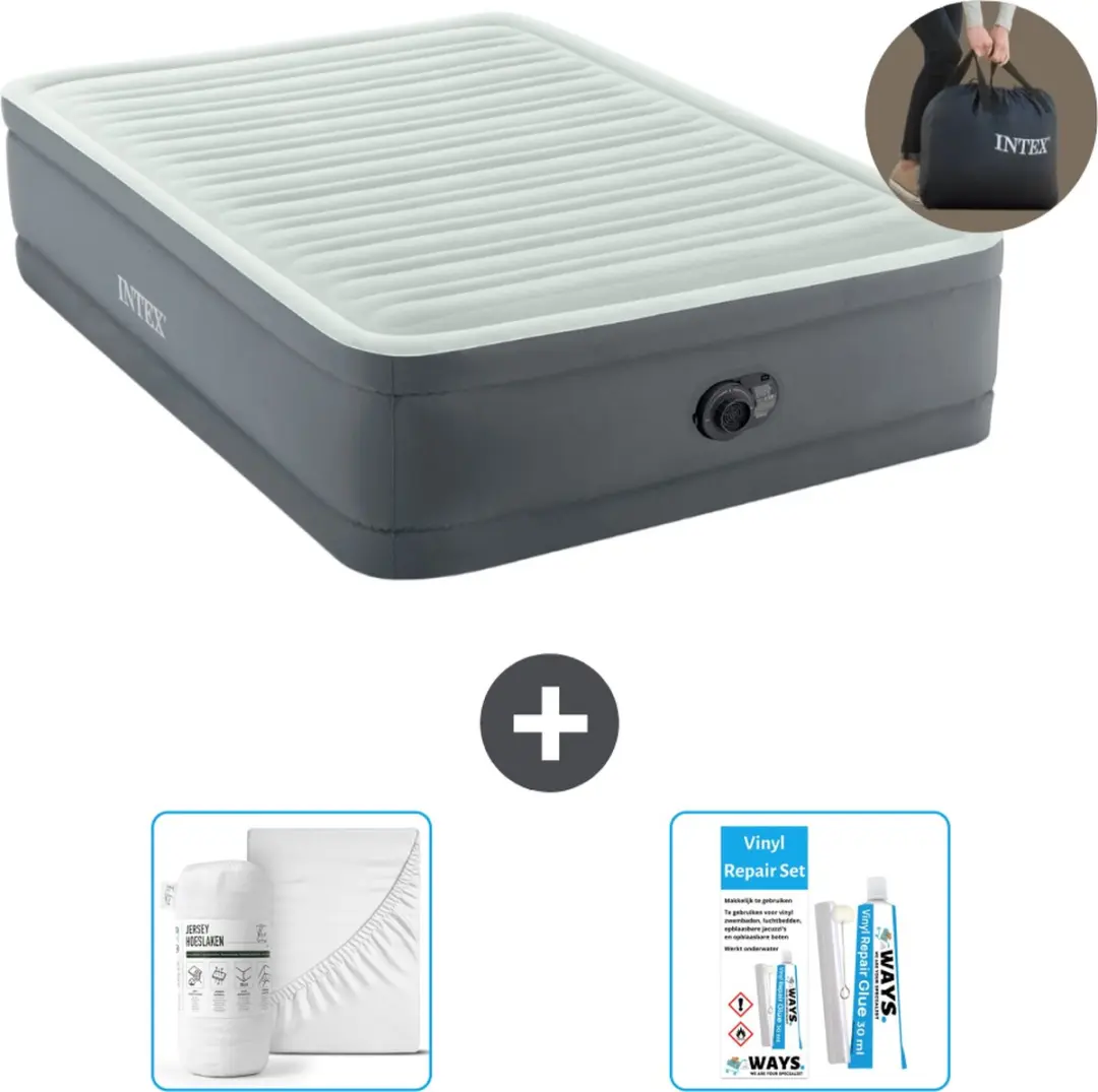 Intex Luchtbed - Twijfelaar - 137 x 191 x 46 cm - Grijs - Inclusief pomp - Hoeslaken en Reparatieset