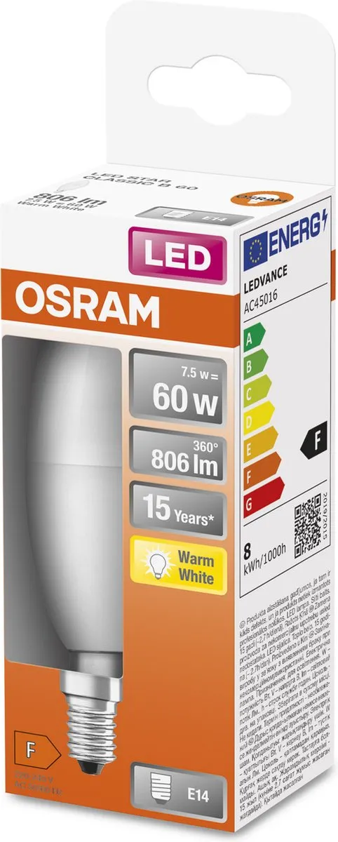 Osram LED Kaarslamp E14 7.5W Warmwit Mat - 2700K