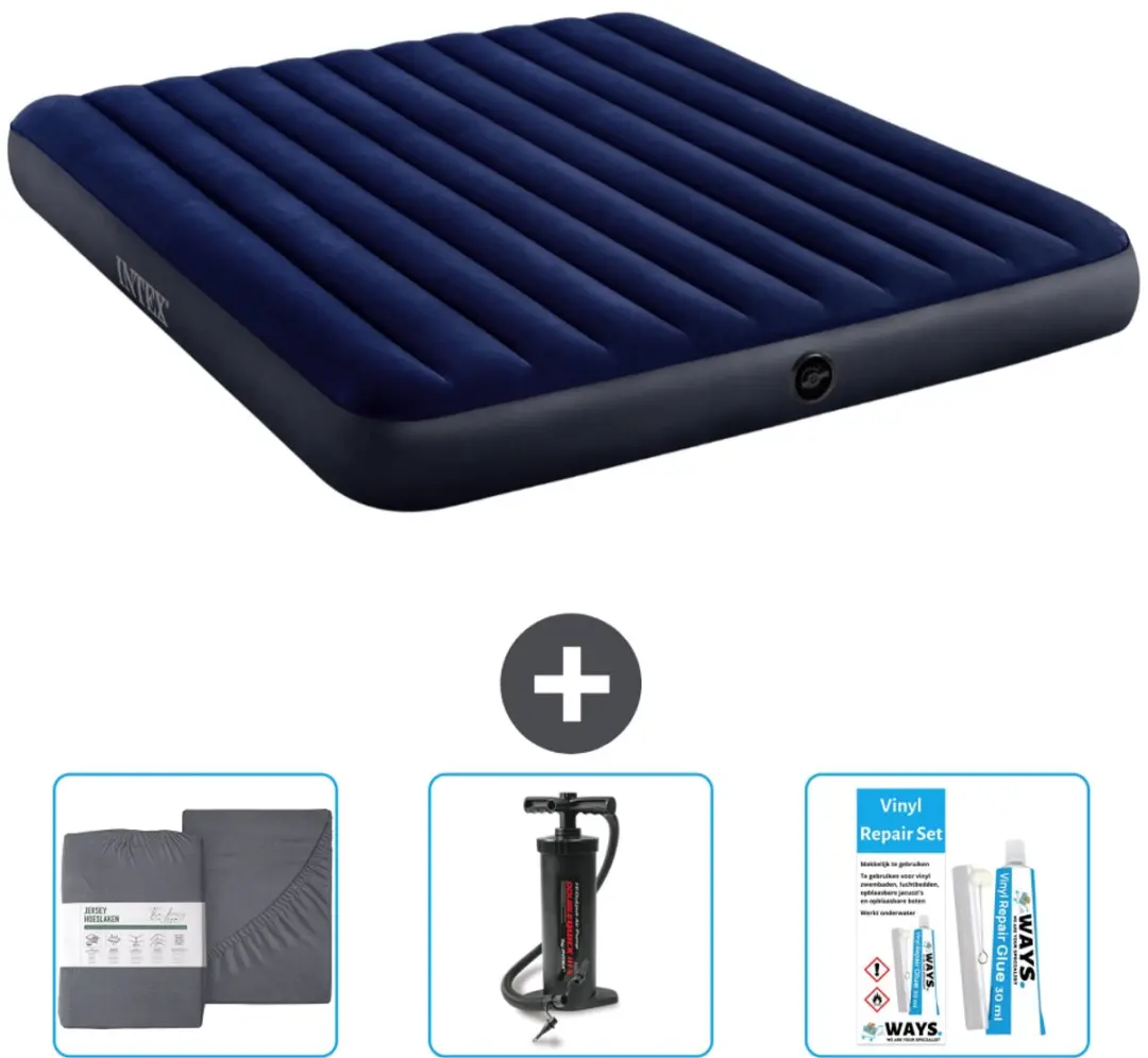 Intex Luchtbed - 2-Persoons - 183 x 203 x 25 cm - Blauw - Inclusief Hoeslaken - Pomp en Reparatieset