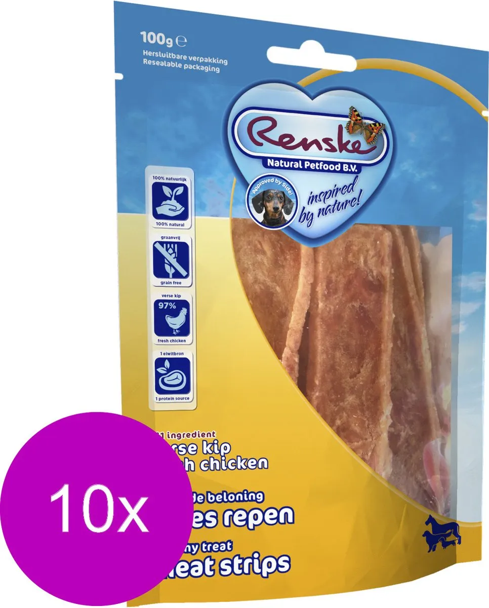 Renske Gezonde Beloning Vleesstrips Kip 100g - 10 Stuks
