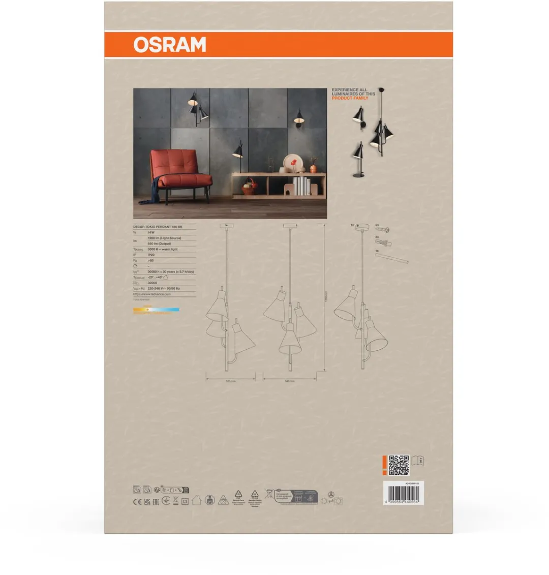 Osram Decor Tokio Hanglamp 14W - 1260lm Warm Wit - Zwart - afbeelding 6 van 6