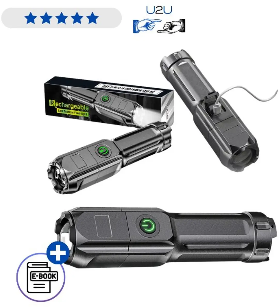 Oplaadbare LED Zaklamp Waterdicht 300 Lumen 3 Lichtstanden USB Camping Survival