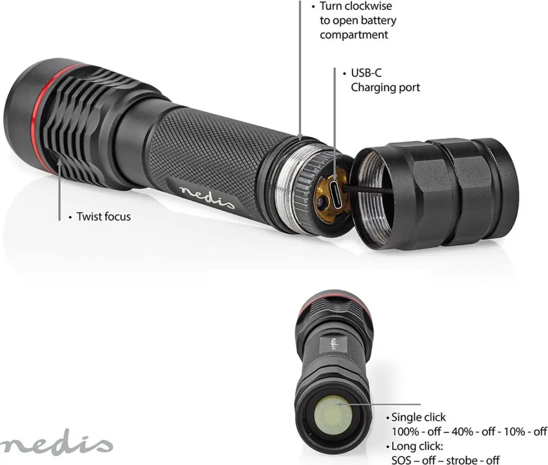 Nedis LED Zaklamp 1000 lm Oplaadbaar - Zwart - afbeelding 6 van 6