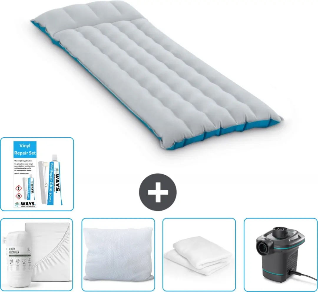 Intex Campingmat - 1-Persoons - 67 x 184 x 17 cm - Blauw - Inclusief Hoeslaken - Kussen - Pomp - Reparatieset en Kussenbeschermer