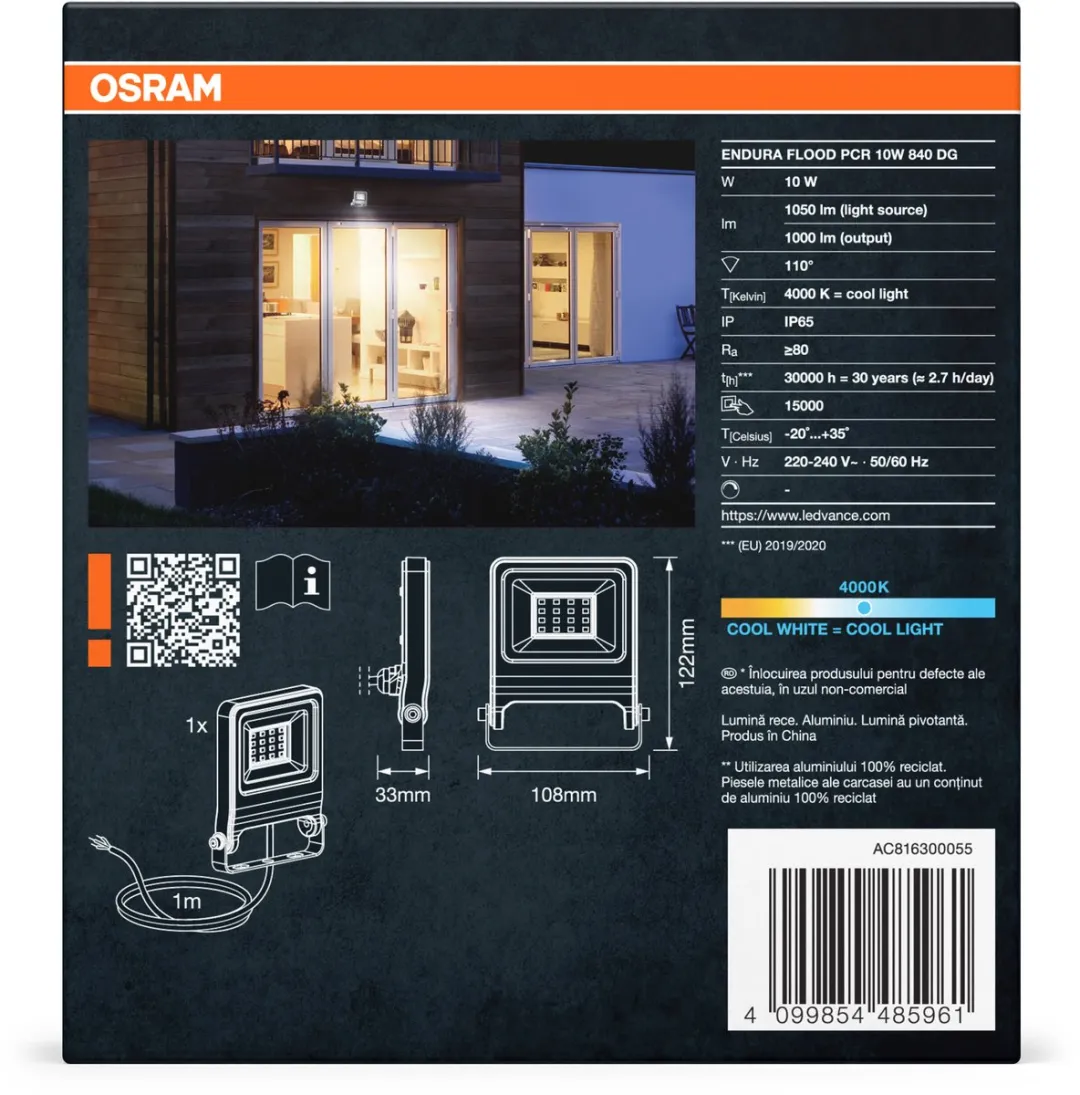 Osram Endura Flood PC 10W LED-schijnwerper 4000K - 1000 Lumen - Donkergrijs