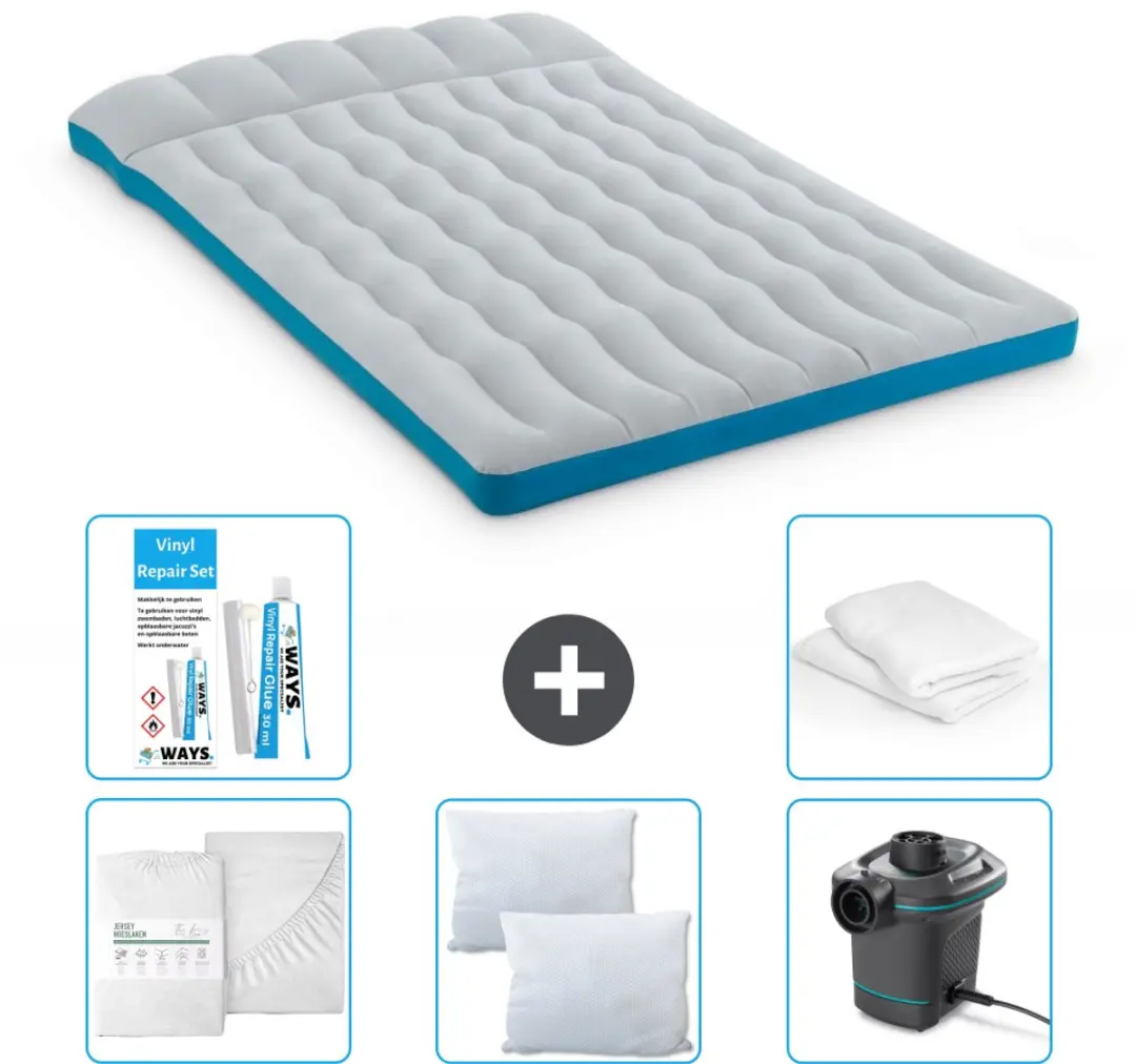 Intex Campingmat - 2-Persoons - 127 x 193 x 24 cm - Blauw - Inclusief Hoeslaken - Kussen - Pomp - Reparatieset en Kussenbeschermer