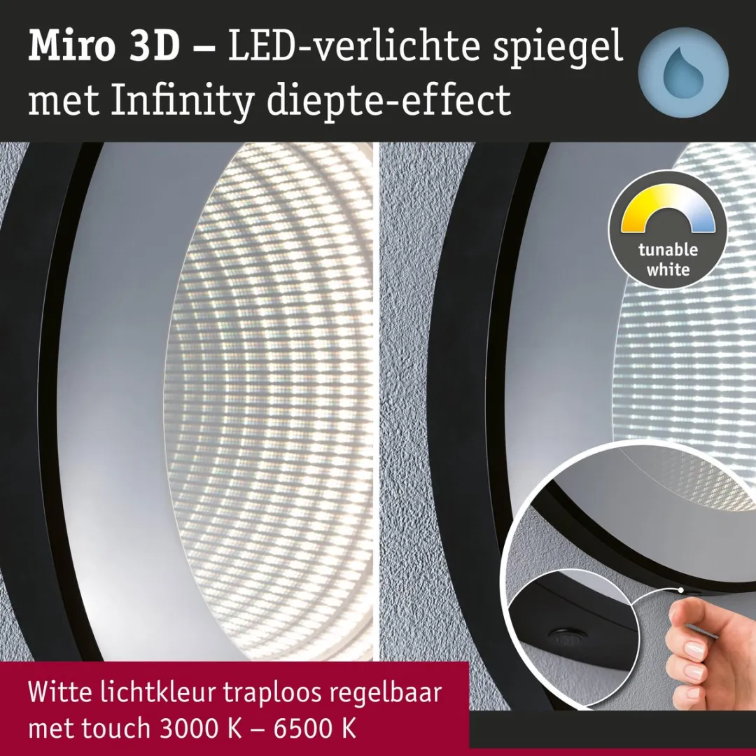 Paulmann LED-verlichte spiegel Miro IP44 Tunable White 50cm - Zwart mat - afbeelding 6 van 6