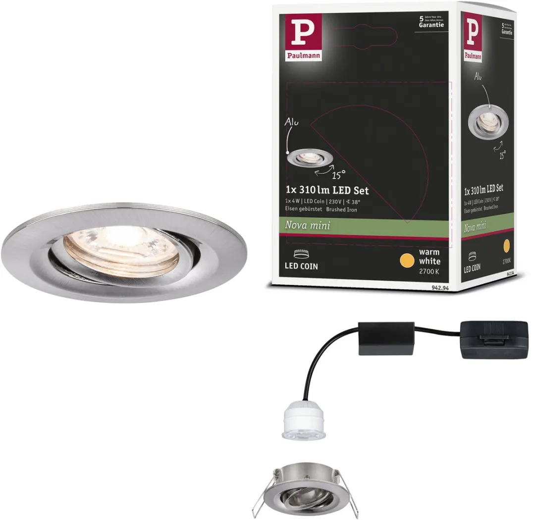 Paulmann Nova Mini Coin LED-inbouwlamp 4W 310lm 2700K - Ø66mm Staal geborsteld