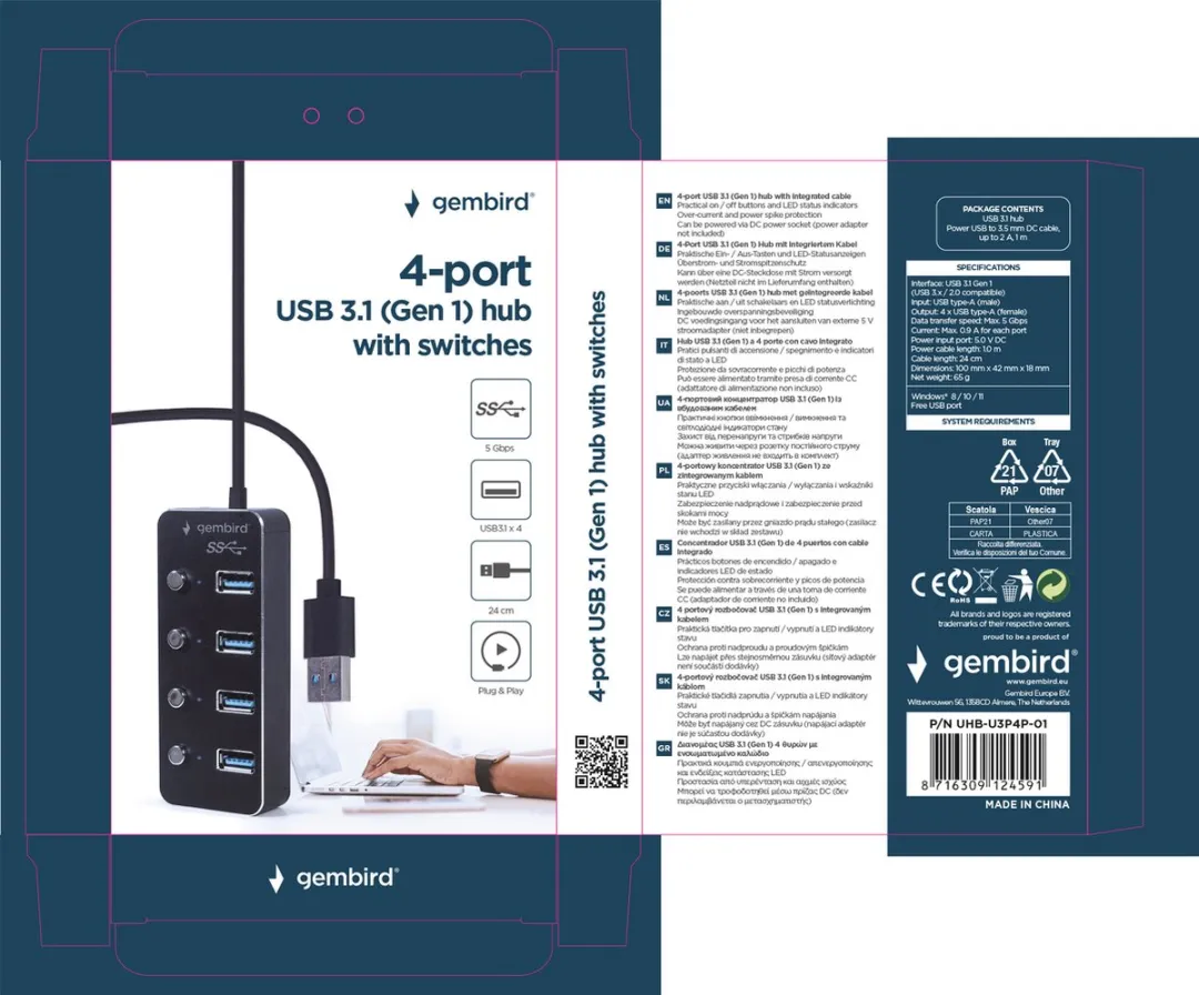 Gembird UHB-U3P4P-01 USB 3.1 Hub 4 Poorten - Zwart