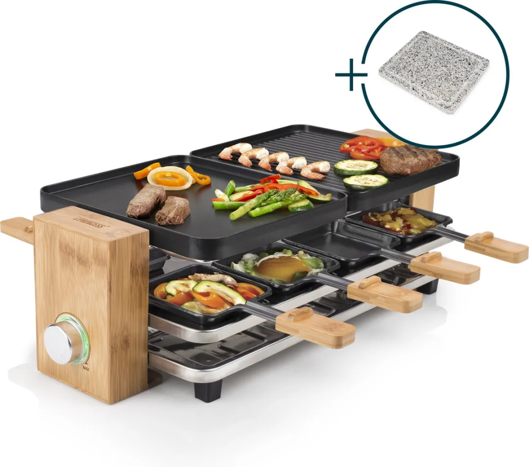 Princess Gourmetstel 162955 Raclette & Steengrill - 1300W - 8 Personen - Bamboe