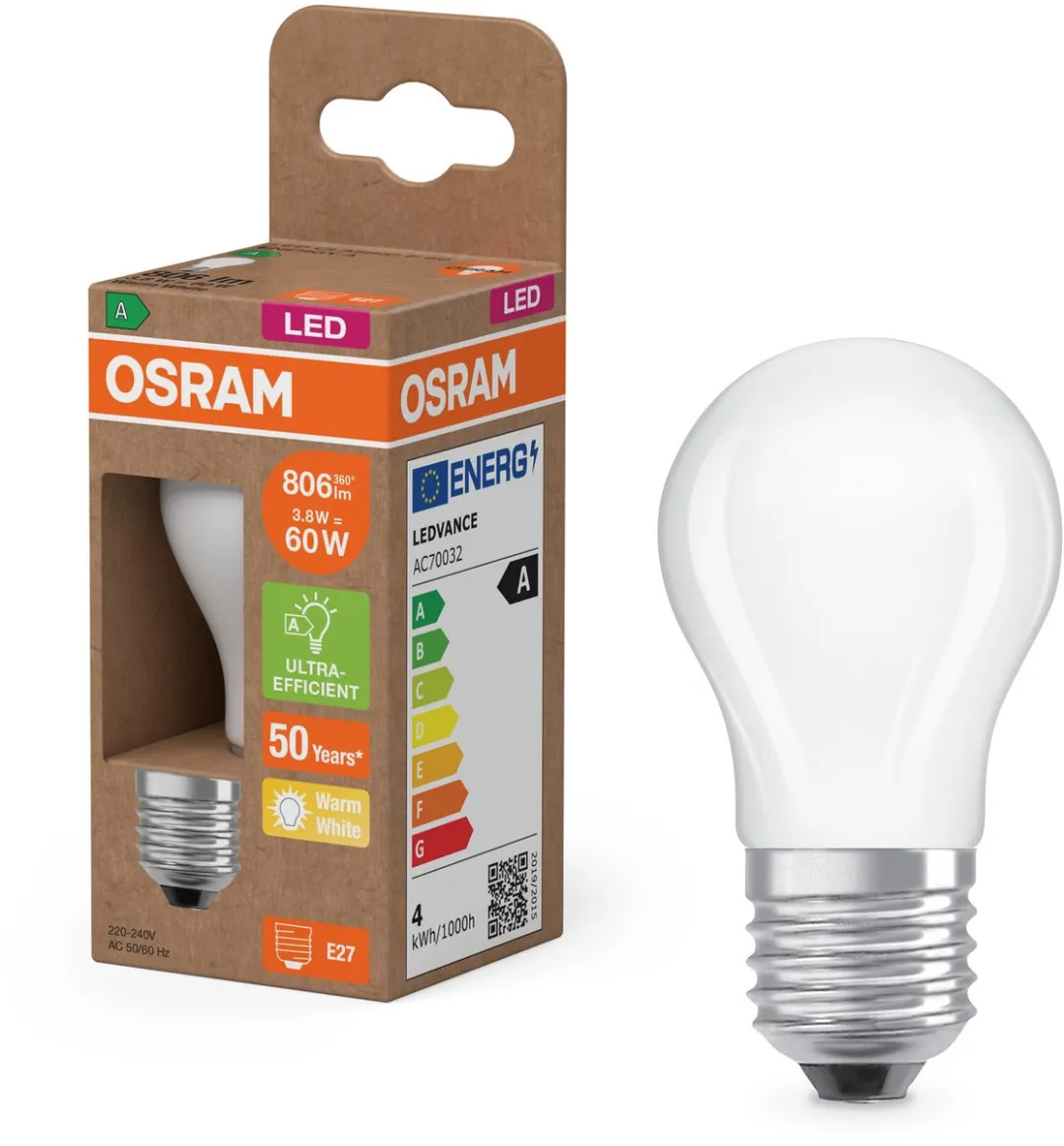 Osram LED Classic E27 Peer Filament 3.8W 806lm - Zeer Warm Wit