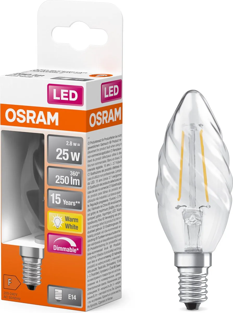 Osram Classic LED E14 Candle Filament 2.8W 250lm - Zeer Warm Wit