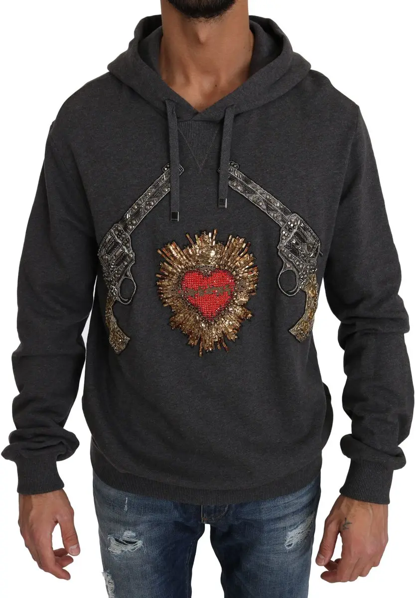 Embellished Cotton Hoodie Guns and Heart