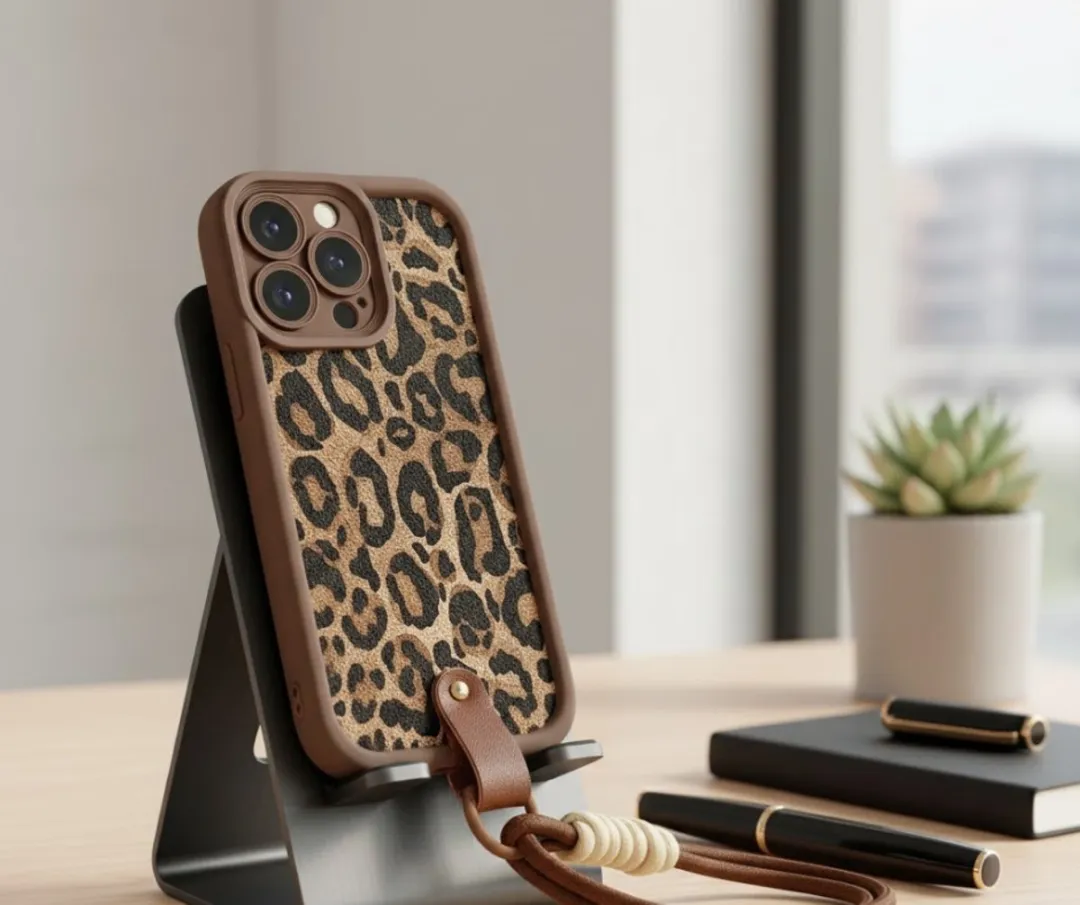 NUVEX iPhone 15 Pro Hoesje - Bruin Luipaard Print - Draagkoord