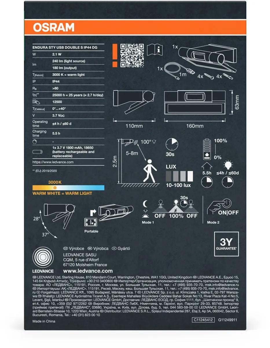 Osram Endura Style USB Up-Down Sensor IP44 - Warm wit 3000K - Donkergrijs