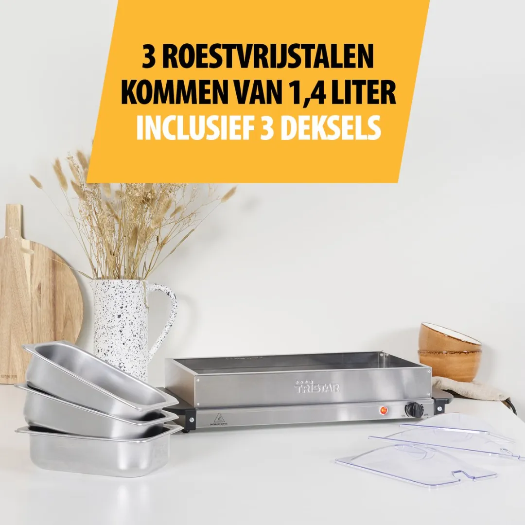 Tristar BP-6283 Buffetwarmer 200W - 3x1,4L RVS - afbeelding 6 van 6