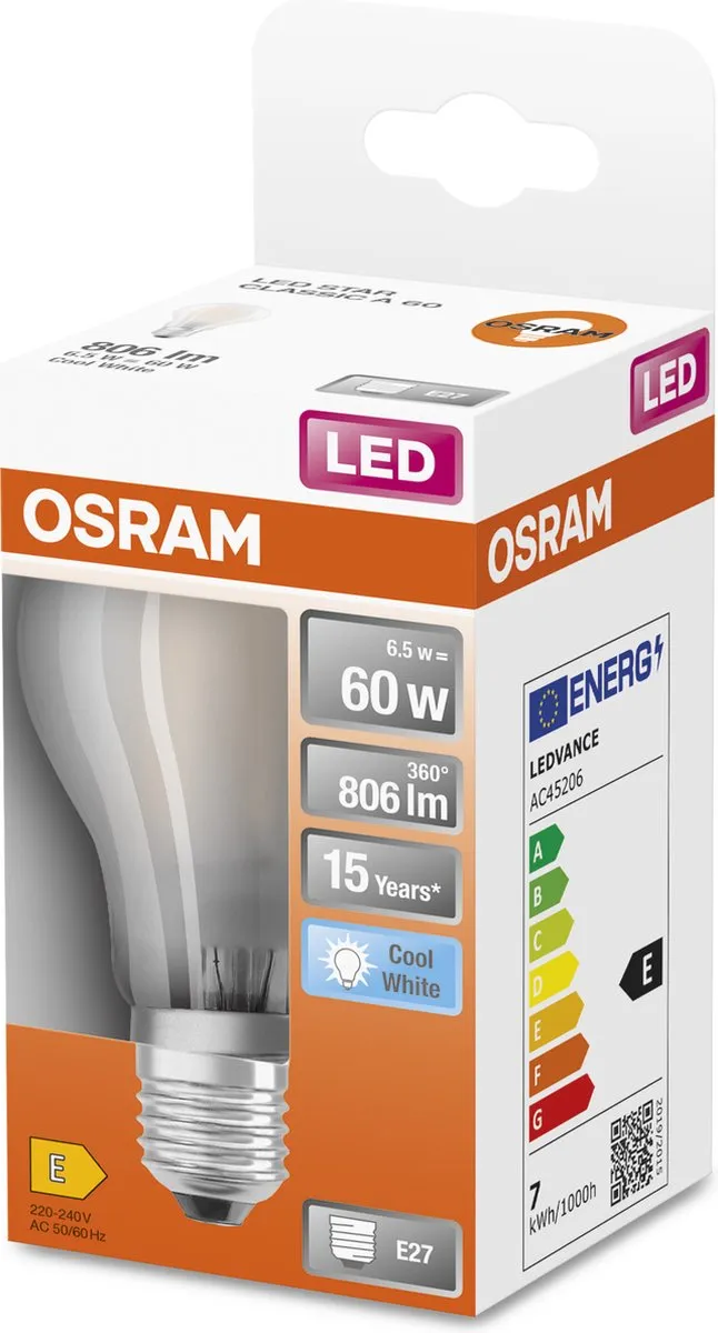 Osram LED E27 Peer 6.5W Koelwit - Mat Glas 4000K