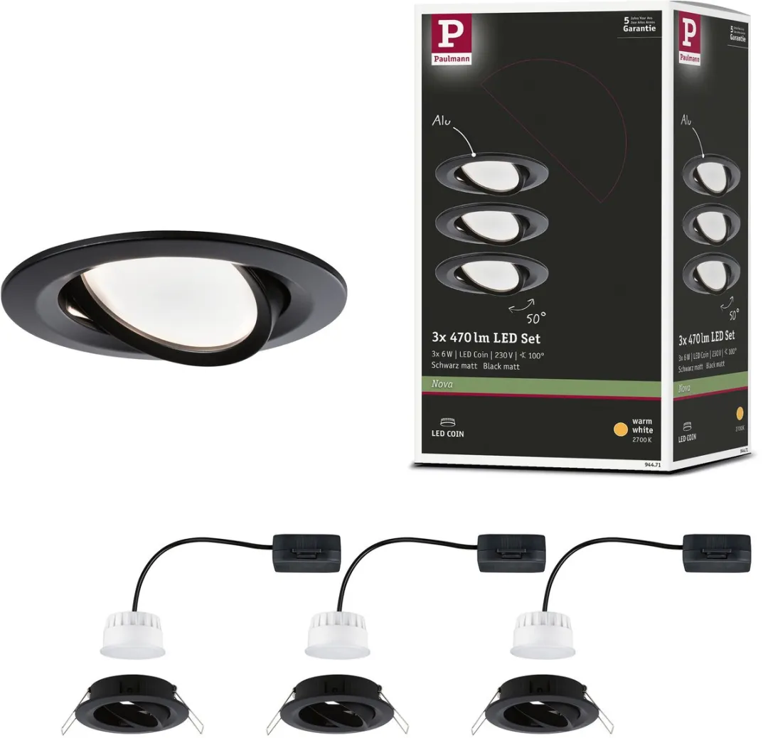 Paulmann Nova Coin LED-inbouwlamp 3x6W 470lm 2700K - Zwart mat