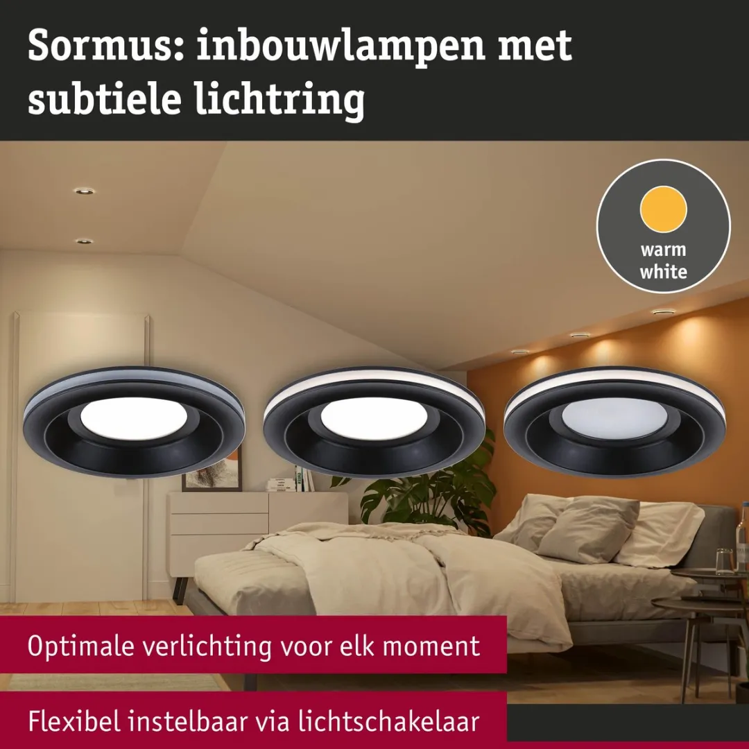 Paulmann Sormus LED-inbouwlamp Set 3x4,8W 300lm 100mm - Zwart - afbeelding 6 van 6