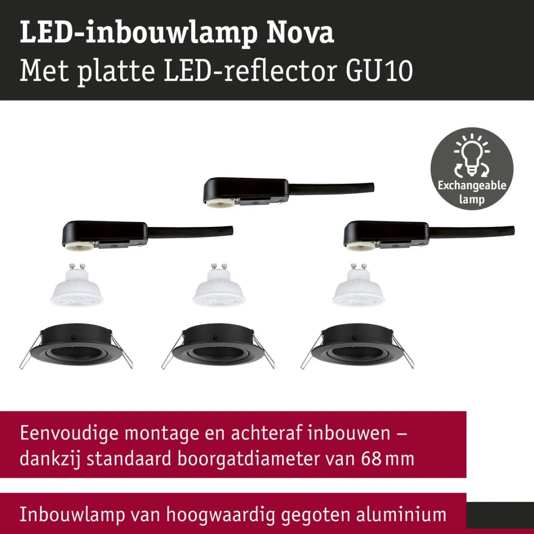 Paulmann Nova GU10 Flat LED-inbouwlamp 3x4,9W 550lm 2700K - Zwart mat