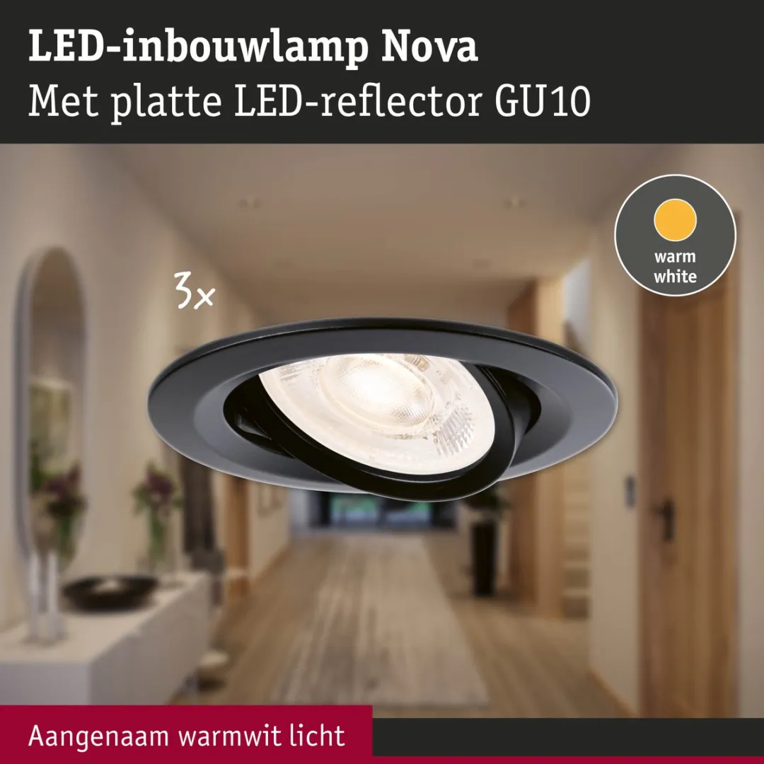 Paulmann Nova GU10 Flat LED-inbouwlamp 3x4,9W 550lm 2700K - Zwart mat - afbeelding 6 van 6