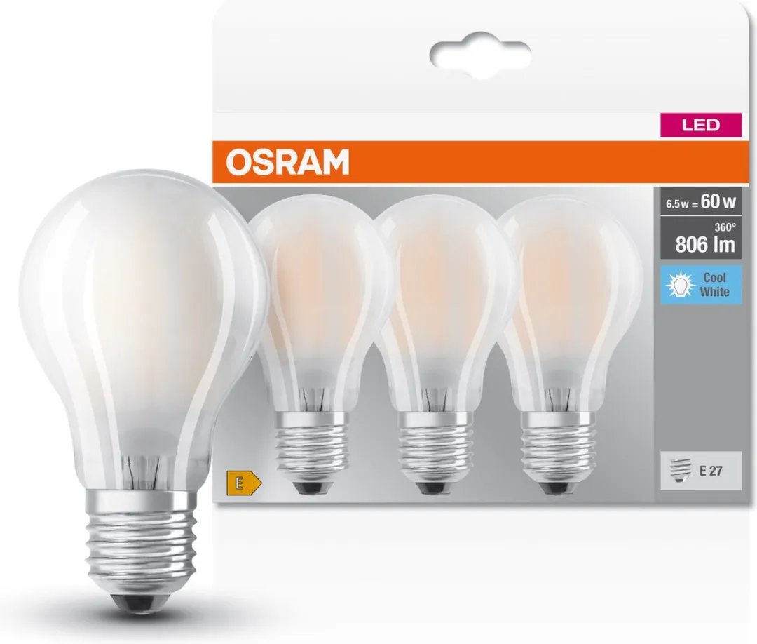 Osram LED E27 Peer 6.5W Koelwit - 3 Stuks