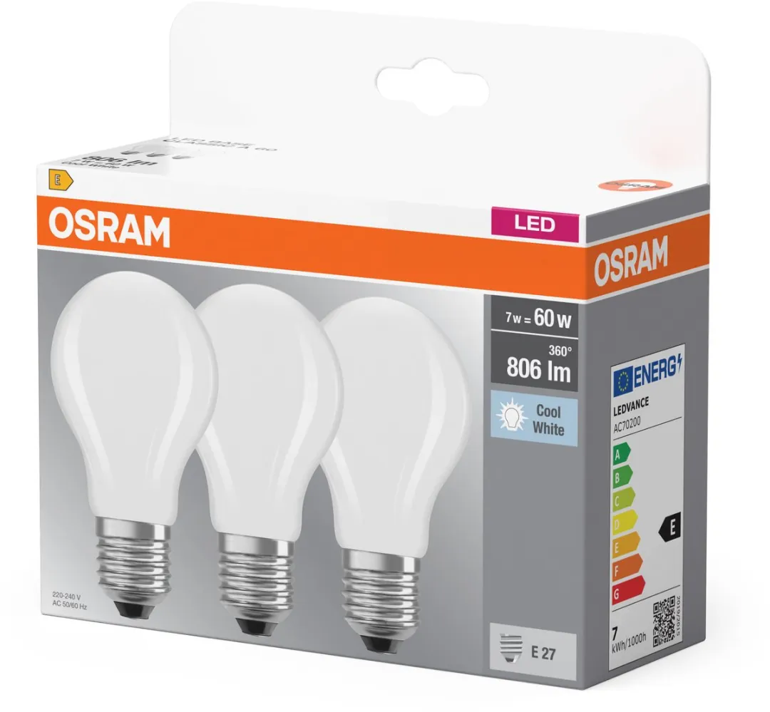 Osram LED E27 Peer 6.5W Koelwit - 3 Stuks