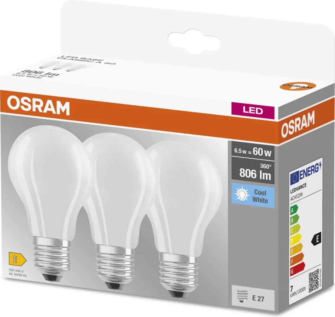 Osram LED E27 Peer 6.5W Koelwit - 3 Stuks - afbeelding 6 van 6
