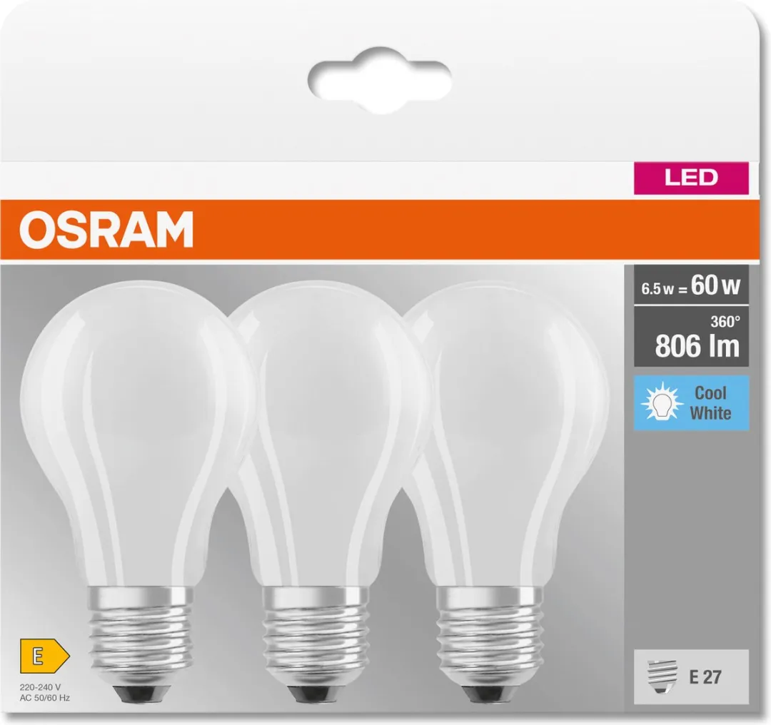 Osram LED E27 Peer 6.5W Koelwit - 3 Stuks