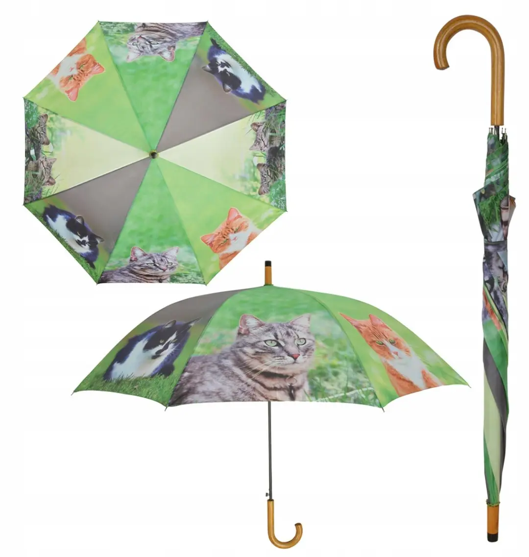Automatische paraplu met kattenprint, 120cm diameter, houten handvat