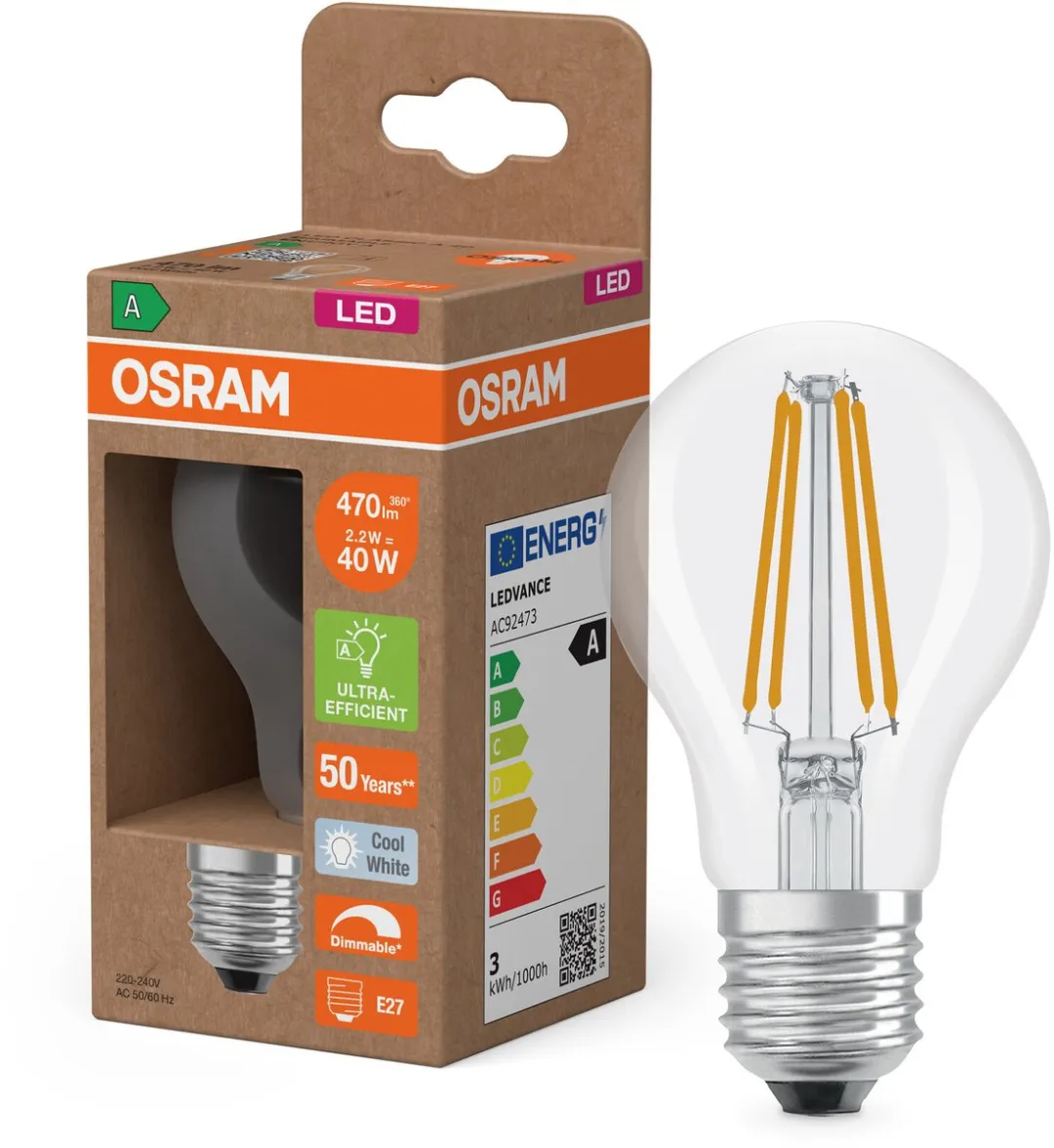 Osram Classic LED E27 Peer Filament 2.2W 470lm - Koel wit