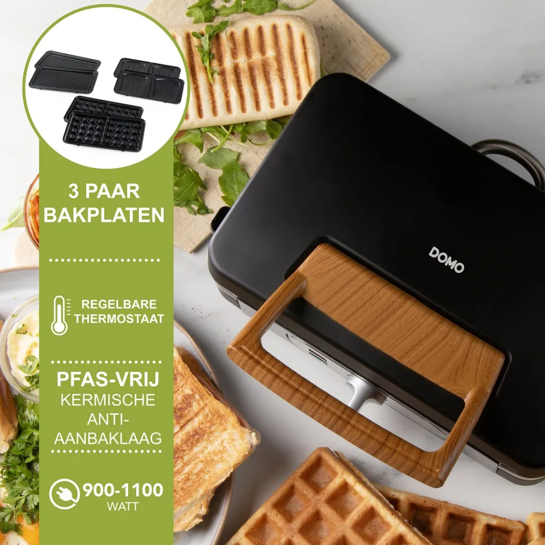 Domo DO9278C 3-in-1 Snackmaker - 1100W - 2 Sandwiches - 6 Platen