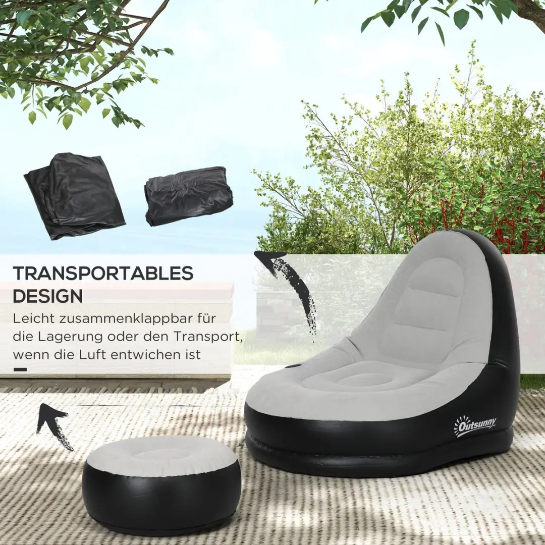 Outsunny Opblaasbare Loungebank met Voetenbank - Lichtgrijs/Zwart - afbeelding 6 van 6