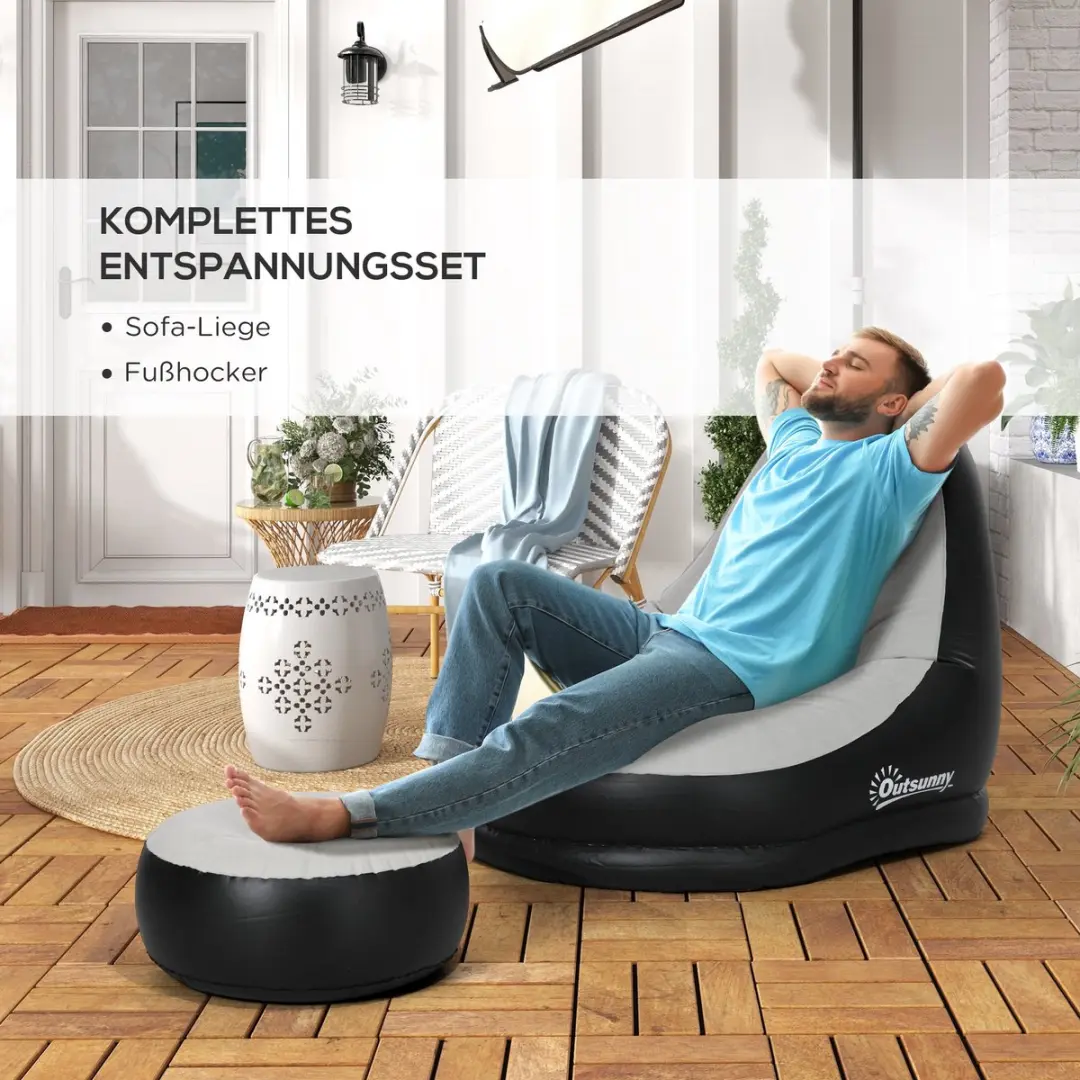 Outsunny Opblaasbare Loungebank met Voetenbank - Lichtgrijs/Zwart - afbeelding 5 van 6