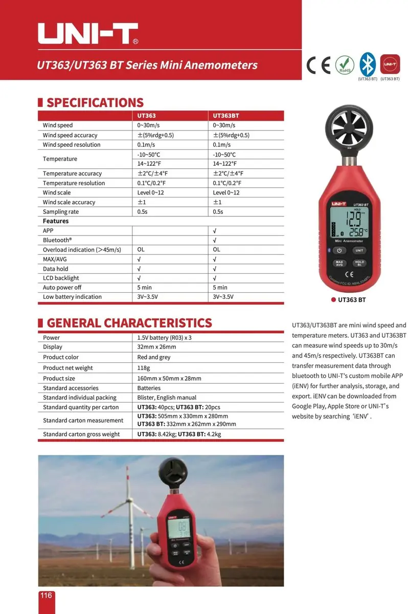 UNI-T UT363BT Anemometer - Bluetooth - 0~30m/s - afbeelding 2 van 6