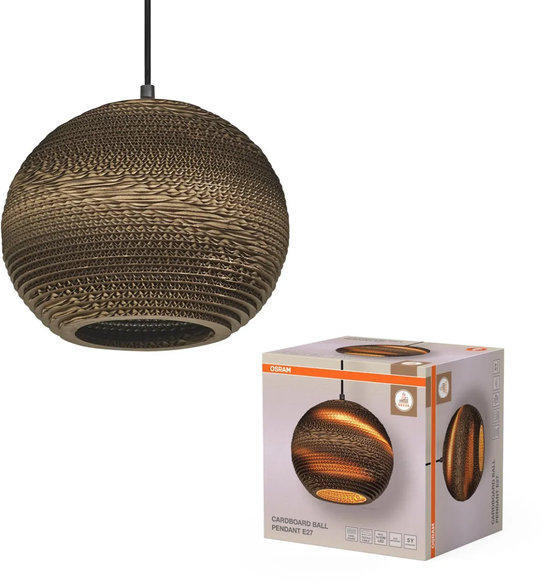 Osram Decor Cardboard Ball Hanglamp E27 - Bruin - Ø26cm