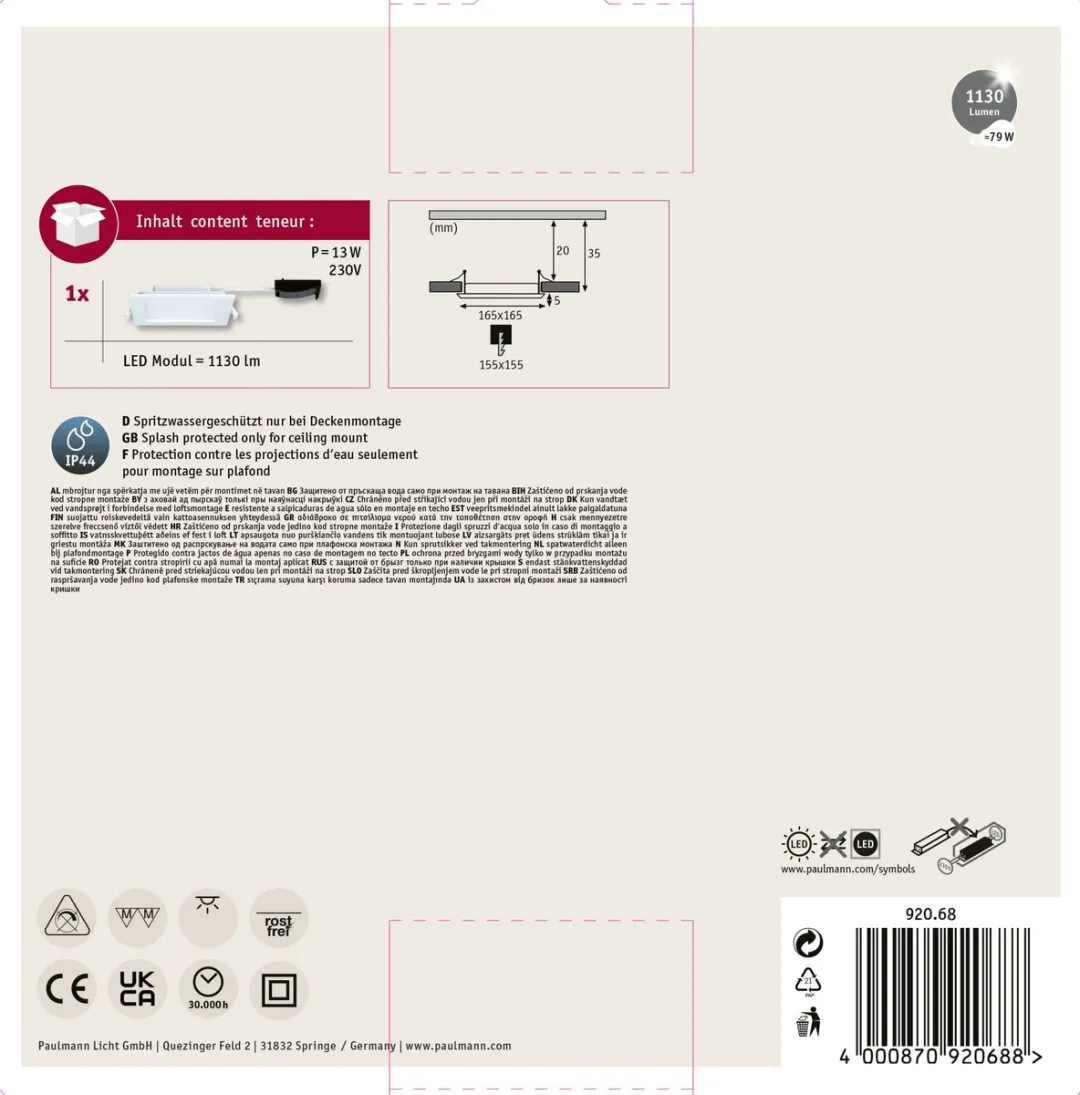 Paulmann LED Inbouwpaneel IP44 11,1W 720lm 2700K - 165x165mm Wit